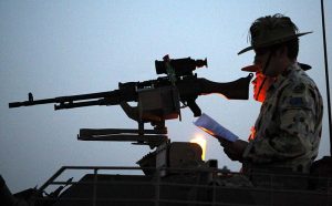 Members of the 2nd/14th Light Horse Regiment (Queensland Mounted Infantry) participate in the ANZAC Day Dawn Service at Talil, Iraq, 2008. Photo by Brian Hartigan.