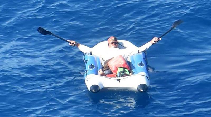 A Royal New Zealand Air Force P-3K2 Orion has found the Tongan fisherman, who has been missing since Saturday, safe but sunburned, adrift in an inflatable life raft off the island of Eua. NZDF photo.