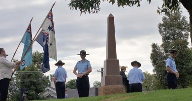 The Catafalque Party at Pioneer Park in Gawler on 23 April 2017 (left to right): CCPL Benjamin Anderson, CCPL Courtney Semmler, CCPL Andrew Paxton and CFSGT Benjamin Kurtz. The Catafalque Party commander (not in picture) was CUO Hayden Skiparis. Photo by Pilot Officer (AAFC) Paul Rosenzweig.