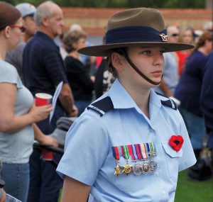 During the Gawler RSL’s Anzac March on 23 April 2017, Leading Cadet Lucy Tassell proudly wears the medals of her great-grandfather Owen William Forrest from Coolamon, NSW, honouring his service in Borneo and the South West Pacific during and immediately after World War 2. Owen Forrest served in the AMF from 12 June 1942 to 29 June 1943, and then as a Leading Aircraftman in the RAAF from 30 June 1943 until 22 May 1946. Photo by Pilot Officer (AAFC) Paul Rosenzweig.