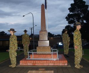 Air Force Cadets from No 608 Squadron mounted an overnight Anzac Vigil at the Gawler War Memorial on 24/25 April (left to right, clockwise): CCPL Courtney Semmler, CUO Hayden Skiparis, CCPL Benjamin Anderson, CFSGT Benjamin Kurtz. Photo by Pilot Officer (AAFC) Paul Rosenzweig.