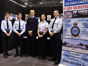 The 6 Wing Public Affairs Team for Day 1 – Cadet Corporal Benjamin Grillett, 602 Squadron, Woodside Barracks; Cadet Corporal Alexander Barrott-Walsh, 619 Squadron, Seaford; Aircraftman (AAFC) Kieran Wandel, 604 Squadron, Hampstead Barracks; Cadet Corporal Courtney Semmler, 608 Squadron, Gawler; and, Cadet Corporal Anthony Sanchez, 604 Squadron. Also on the team but not in the photo was Cadet Corporal Mattia Jukic, 601 Squadron, Keswick Barracks, and Flight Lieutenant Kev Smith, 604 Squadron. Photo by Pilot Officer (AAFC) Paul Rosenzweig