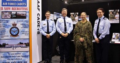 The 6 Wing Public Affairs Team for Day 2 – Cadet Corporal Alexander Barrott-Walsh, 619 Squadron, Seaford; Pilot Officer (AAFC) Dennis Medlow, 604 Squadron, Hampstead Barracks; Cadet Corporal Courtney Semmler and Cadet Sergeant Emma Durbridge, 608 Squadron, Gawler. Also on the team but not in photo was Cadet Corporal Daniel Van Wyngaarden, 619 Squadron. Photo by Pilot Officer (AAFC) Paul Rosenzweig.