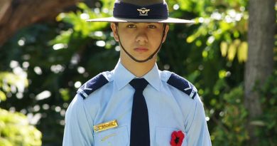 Leading Cadet Zain Carse wears a Flanders Poppy to honour the memory of his grandfather Corporal Dave Carse, who served with the New Zealand Regiment on the Malay Peninsula in 1958-59 during the Malayan Emergency. Photo by Pilot Officer (AAFC) Paul Rosenzweig.