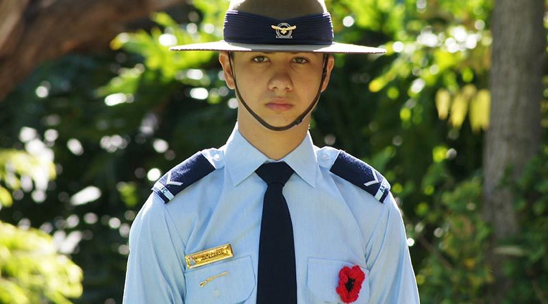 Leading Cadet Zain Carse wears a Flanders Poppy to honour the memory of his grandfather Corporal Dave Carse, who served with the New Zealand Regiment on the Malay Peninsula in 1958-59 during the Malayan Emergency. Photo by Pilot Officer (AAFC) Paul Rosenzweig.