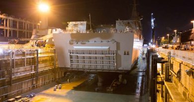 HMAS Adelaide rests on blocks within Captain Cook Graving Dock at Fleet Base East, Sydney, after entering dry dock for maintenance. Photo by Leading Seaman Peter Thompson.