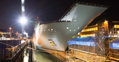 HMAS Adelaide rests on blocks in the Captain Cook Graving Dock at Fleet Base East, Sydney, after entering dry dock for maintenance. Photo by Leading Seaman Peter Thompson.