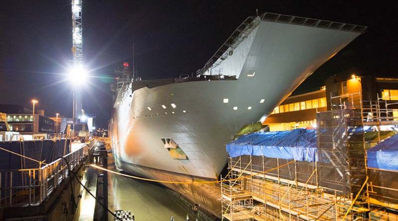 HMAS Adelaide rests on blocks in the Captain Cook Graving Dock at Fleet Base East, Sydney, after entering dry dock for maintenance. Photo by Leading Seaman Peter Thompson.