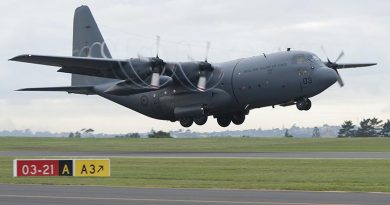 A Royal New Zealand Air Force C-130 Hercules takes off for a new mission in the Middle East. NZDF photo.