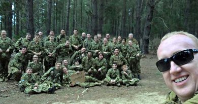 Commanding Officer 617 Squadron (Unley) Flying Officer (AAFC) Chris Trewin with the combined participants of Exercise ‘Pathfinder’.