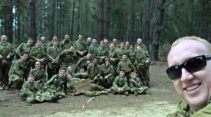 Commanding Officer 617 Squadron (Unley) Flying Officer (AAFC) Chris Trewin with the combined participants of Exercise ‘Pathfinder’.