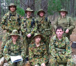 Air Force Cadets at the end of Exercise ‘Pathfinder’ – (rear): CCPL Daniel Van Wyngaarden, CSGT Shaun Bottrill, LCDT Campbell Jacobs and LCDT Faith Godden; (sitting): CDT Bridget Pang, LCDT Ethan Davies, CDT Riley Donovan.