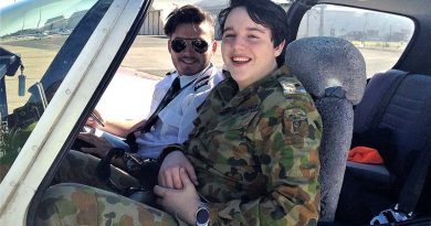 Cadet Corporal Anthony Sanchez from No 604 Squadron AAFC undertakes a PEX flight in a Tobago TB10 with pilot Derek Alvarez from Flight Training Adelaide. Photo by Pilot Officer (AAFC) Paul Rosenzweig