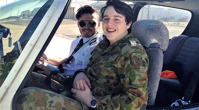 Cadet Corporal Anthony Sanchez from No 604 Squadron AAFC undertakes a PEX flight in a Tobago TB10 with pilot Derek Alvarez from Flight Training Adelaide. Photo by Pilot Officer (AAFC) Paul Rosenzweig