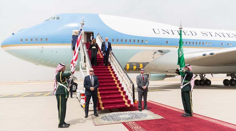President Donald Trump and First Lady Melania Trump arrive in Rihad, Saudi Arabia, Saturday, May 20, 2017, for the start of their overseas visit to Saudi Arabia, Israel, Rome, Brussels and Taormina, Italy. Official White House Photo by Shealah Craighead.