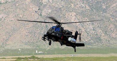US Army AH-64 Apache fitted with Raytheon high-energy laser test capsule. US Army photo.