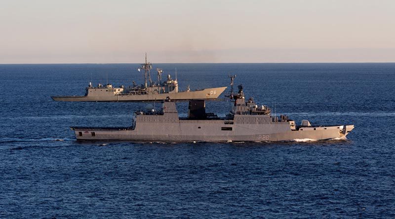 Indian Navy Ship INS Kamorta and HMAS Newcastle conduct officer of the watch manoeuvres in the Western Australian Exercise Area (WAXA) during AUSINDEX 2017. Photo by Able Seaman Nicolas Gonzalez.