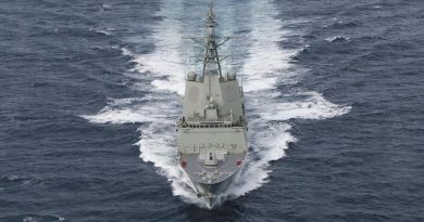 NUSHIP Hobart conducts sea trials in the Gulf St Vincent off the South Australian coast. Photo by Corporal Craig Barrett.