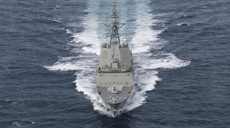 NUSHIP Hobart conducts sea trials in the Gulf St Vincent off the South Australian coast. Photo by Corporal Craig Barrett.