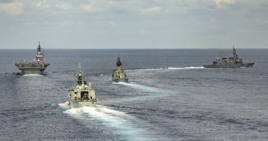 HMAS Ballarat (third from left) conducts a Passage Exercise in the South China Sea with Japanese Maritime Self Defense Force ships Izumo and Sazanami and the Royal Canadian ship HMCS Winnipeg during her South East Asia Deployment. Photo by Leading Seaman Bradley Darrell.