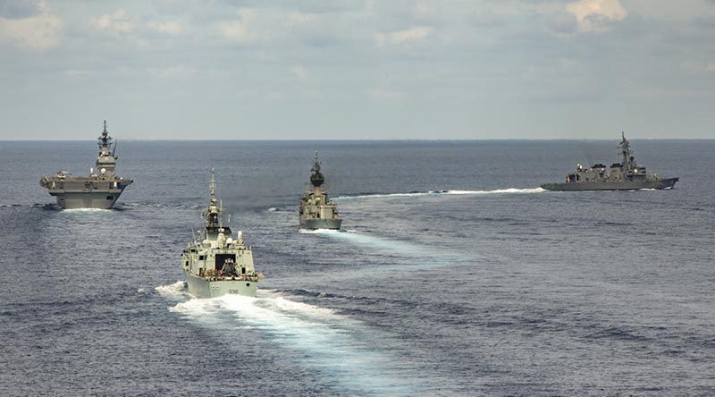 HMAS Ballarat (third from left) conducts a Passage Exercise in the South China Sea with Japanese Maritime Self Defense Force ships Izumo and Sazanami and the Royal Canadian ship HMCS Winnipeg during her South East Asia Deployment. Photo by Leading Seaman Bradley Darrell.