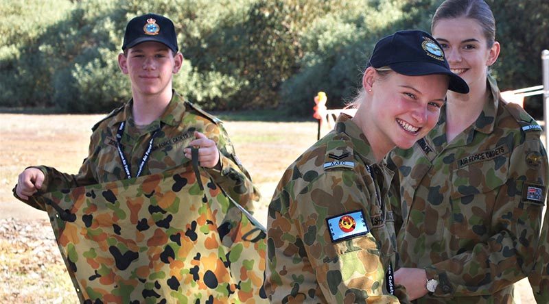 Cadets from No 619 (City of Onkaparinga) Squadron prepare individual shelters as part of the Wing Fieldcraft Competition – demonstrating one of the prime objectives of the weekend activity: to have fun! Image by Pilot Officer (AAFC) Paul Rosenzweig