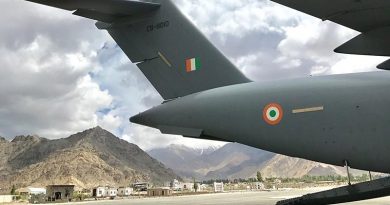 An Indian Air Force C-17A Globemaster on the tarmac at Leh Airport, India, during a mission with Royal Australian Air Force C-17A aircrew observing high-altitude airport operations. Photo by Group Captain Adam Williams.