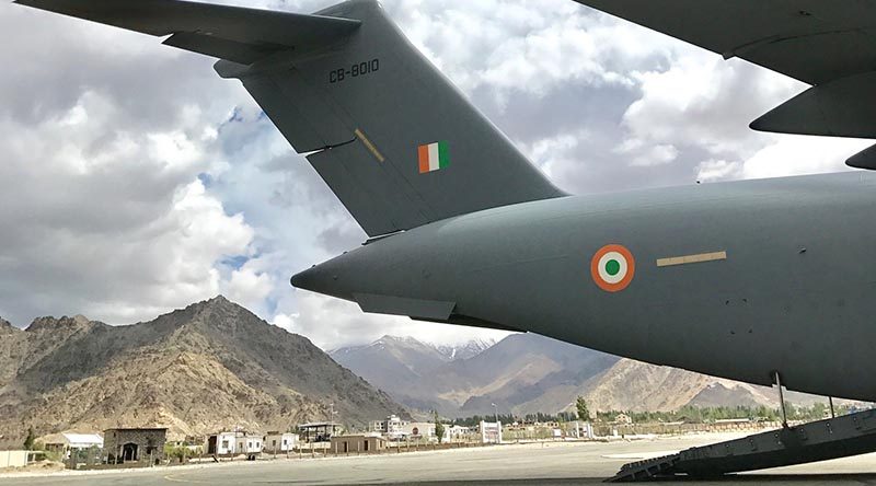 An Indian Air Force C-17A Globemaster on the tarmac at Leh Airport, India, during a mission with Royal Australian Air Force C-17A aircrew observing high-altitude airport operations. Photo by Group Captain Adam Williams.