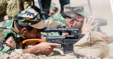Iraqi Army Rangers practice firing at extended ranges with a Dragunov sniper rifle under the guidance of Australian and New Zealand Defence Force trainers from Task Group Taji 4 at Taji Military Complex, Iraq. Photo by Corporal Kyle Genner.