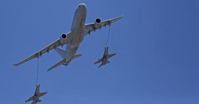 An Air Force KC-30A Multi-Role Tanker Transport aircraft simulates the air-to-air refuelling of two F/A-18 Hornets at the 2017 Australian International Airshow.