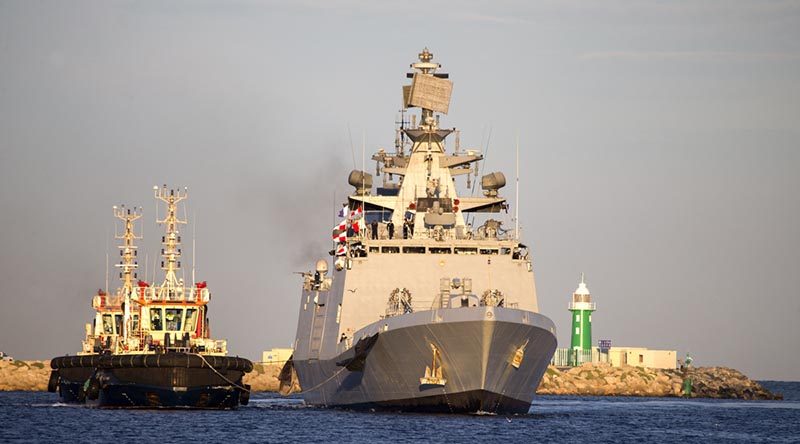 Guided missile frigate Indian Naval Ship Shivalik comes alongside at Port of Fremantle, Western Australia, before participating in Exercise AUSINDEX 2017. Photo by Leading Seaman Lee-Anne Cooper.