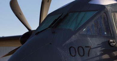 The newly delivered Royal Australian Air Force C-27J Spartan battlefield airlifter (A34-007) on the flight line at RAAF base Richmond. Photo by Corporal Oliver Carter.