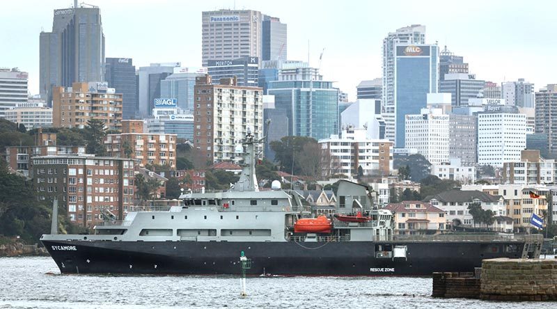 MV Sycamore multi-role aviation training vessel (MATV) entering Sydney Harbour. Photo by Able Seaman Craig Walton.