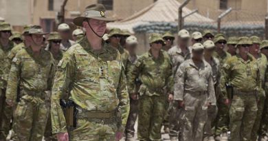 Colonel Richard Vagg, Commander Task Group Taji 4, prepares to hand over command at the Taji Military Complex, Iraq. Photo by Able Seaman Chris Beerens.