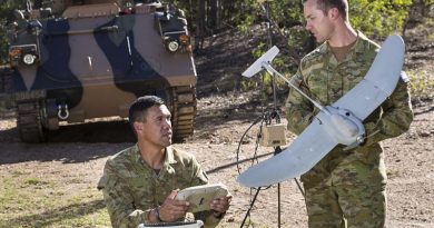 Corporal Matthew Molloy (left) and Corporal Doug Coombs from 2nd/14th Light Horse Regiment (Queensland Mounted Infantry) examine a Wasp unmanned aerial system. While the UAV (unmanned aerial vehicle) is one-man portable, the UAS (system) has a bit more weight to it. Photo by Sergeant Janine Fabre.