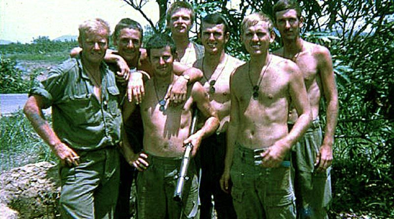 Davo, John S, Wooly, John L, me, Killer and Digger – 5 Section, 2 Platoon, 2RAR on Route 2, Phuoc Tuy Province, Vietnam.