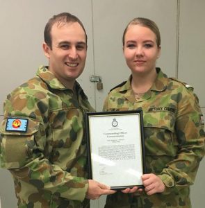 CSGT Chaise Olah receives her Commendation certificate from the Commanding Officer of 619 Squadron, FLGOFF(AAFC) Simon Blair. Image by FSGT(AAFC) Kathy Brown