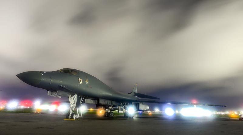 A US Air Force B-1B Lancer sits on the runway at Anderson Air Force Base, Guam, before flying to Shoalwater Bay and back on a single bombing run for Exercise Talisman Sabre. US Air Force photo by Airman 1st Class Christopher Quail.