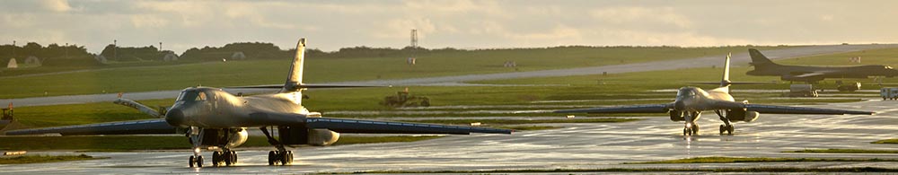 US Air Force B-1B Lancers taxi at Andersen Air Force Base, Guam, after returning from a bombing run at Shoalwater Bay. US Air Force photo by Staff Sergeant Joshua Smoot.
