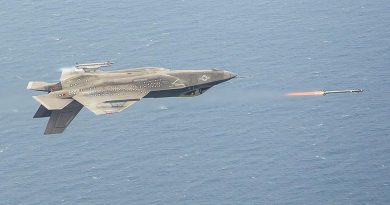 An inverted F-35C, piloted by Major Eric Northam, launches an AIM-9X missile during a live-fire test at Naval Air Station Patuxent River, Maryland, on 8 June. Lockheed Martin photo by Dane Wiedmann.