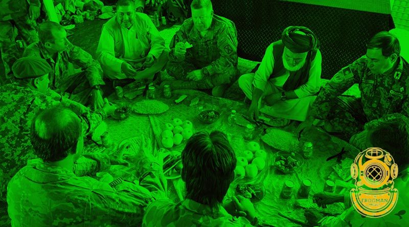 A Shura or meeting with local leaders, senior Afghan officials and coalition forces at Patrol Base Wali in southern Afghanistan. Photo by Leading Aircraftman Leigh Cameron.