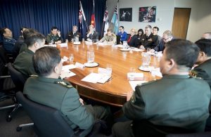 VCDF Vice Admiral Ray Griggs and Deputy Secretary Strategic Policy and Intelligence Rebecca Skinner meet with General Wei Liang, Political Commissar, Southern Theatre Command, People's Liberation Army-China at Russell Offices, Canberra. Photo by Jay Cronan.