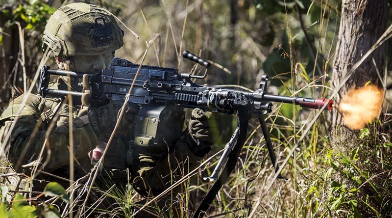 An Australian soldier fires at the enemy during a contact at Shoalwater Bay Training Area during Exercise Talisman Sabre 17. Photo by Leading Seaman Jake Badior.