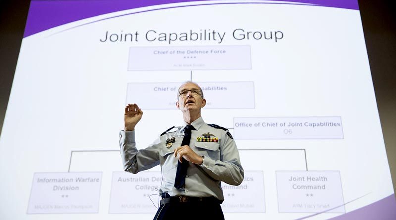 Air Vice Marshal Warren McDonald gives an implementation update on the newly formed Joint Capabilities Group. Photo by Jay Cronan.