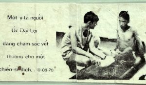 An Australian nurse in charge of a life for a change – with our maggot-leg mate on a propaganda leaflet.