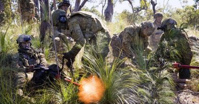 Members of the 2nd Battalion, Royal Australian Regiment, Manoeuvre Support Platoon, provide direct fire support with .50 Cal machineguns during the final Battlegroup Samichon assault at the Shoalwater Bay Training Area during Exercise Talisman Saber 2017. Photo by Corporal Mark Doran.