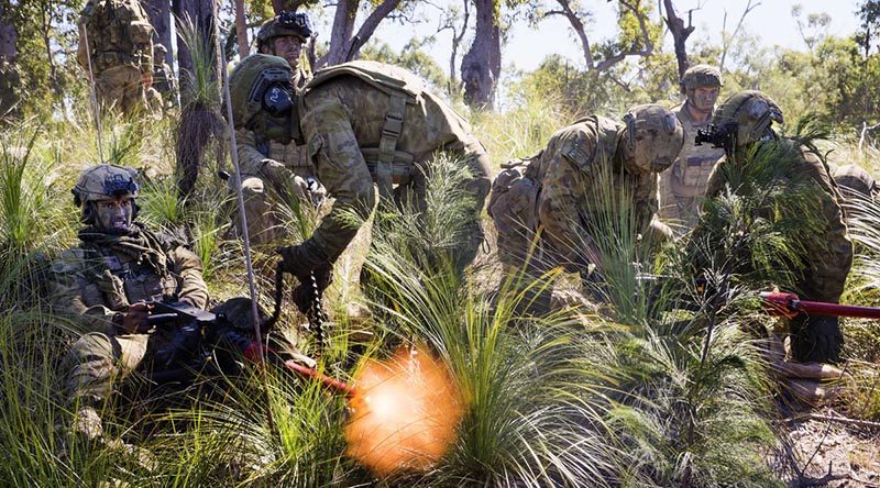 Members of the 2nd Battalion, Royal Australian Regiment, Manoeuvre Support Platoon, provide direct fire support with .50 Cal machineguns during the final Battlegroup Samichon assault at the Shoalwater Bay Training Area during Exercise Talisman Saber 2017. Photo by Corporal Mark Doran.