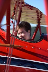 ACW (AAFC) Terri Warne of No 609 Squadron (Warradale Barracks) undertakes a Pilot Experience Flight (PEX) out of Aldinga airfield in a de Havilland DH.82A Tiger Moth (Feb 17). Image by Gaylene Smith of Adelaide Biplanes, Aldinga.