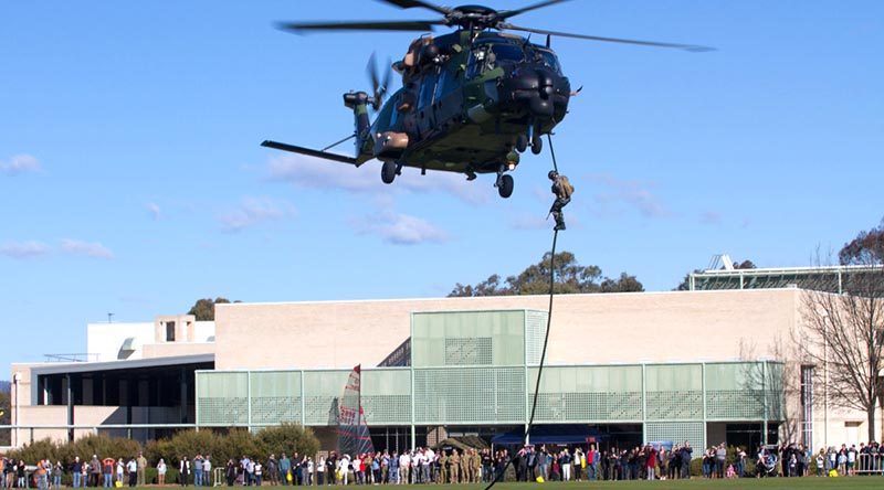 Helicopter action at the ADFA open day (2015) aimed to give potential officer cadets and midshipmen and insight into the benefits of combining a career in the ADF with a degree from UNSW. Photo by Michael Jackson-Rand.