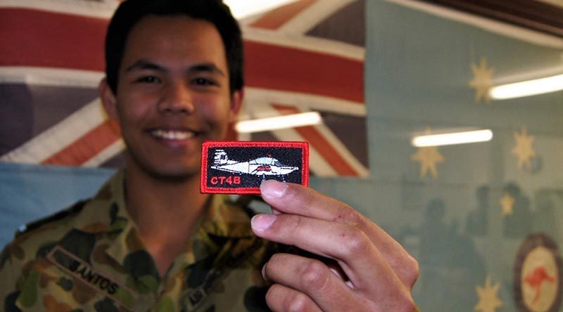 CSGT Michael Santos from No 604 Squadron AAFC proudly displays his CT-4B patch after successfully completing the ADF Flight Screening Program. Image by Pilot Officer (AAFC) Paul Rosenzweig